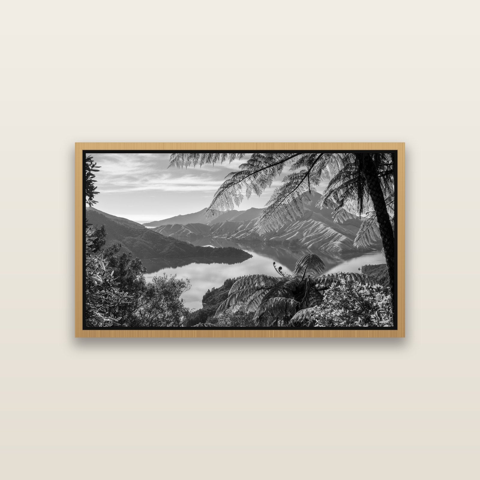 Nature's Window to Devils Staircase, Marlborough Sounds — Natural framed metallic canvas print, small 81 × 46 cm. New Zealand fine art landscape wall art by Stephen Milner.