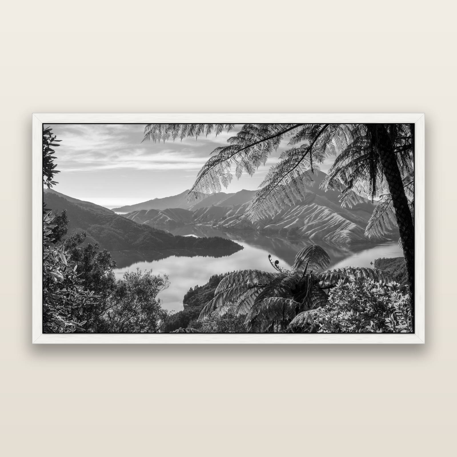 Nature's Window to Devils Staircase, Marlborough Sounds, black and white framed metallic canvas print, White frame. New Zealand fine art wall art by Stephen Milner.