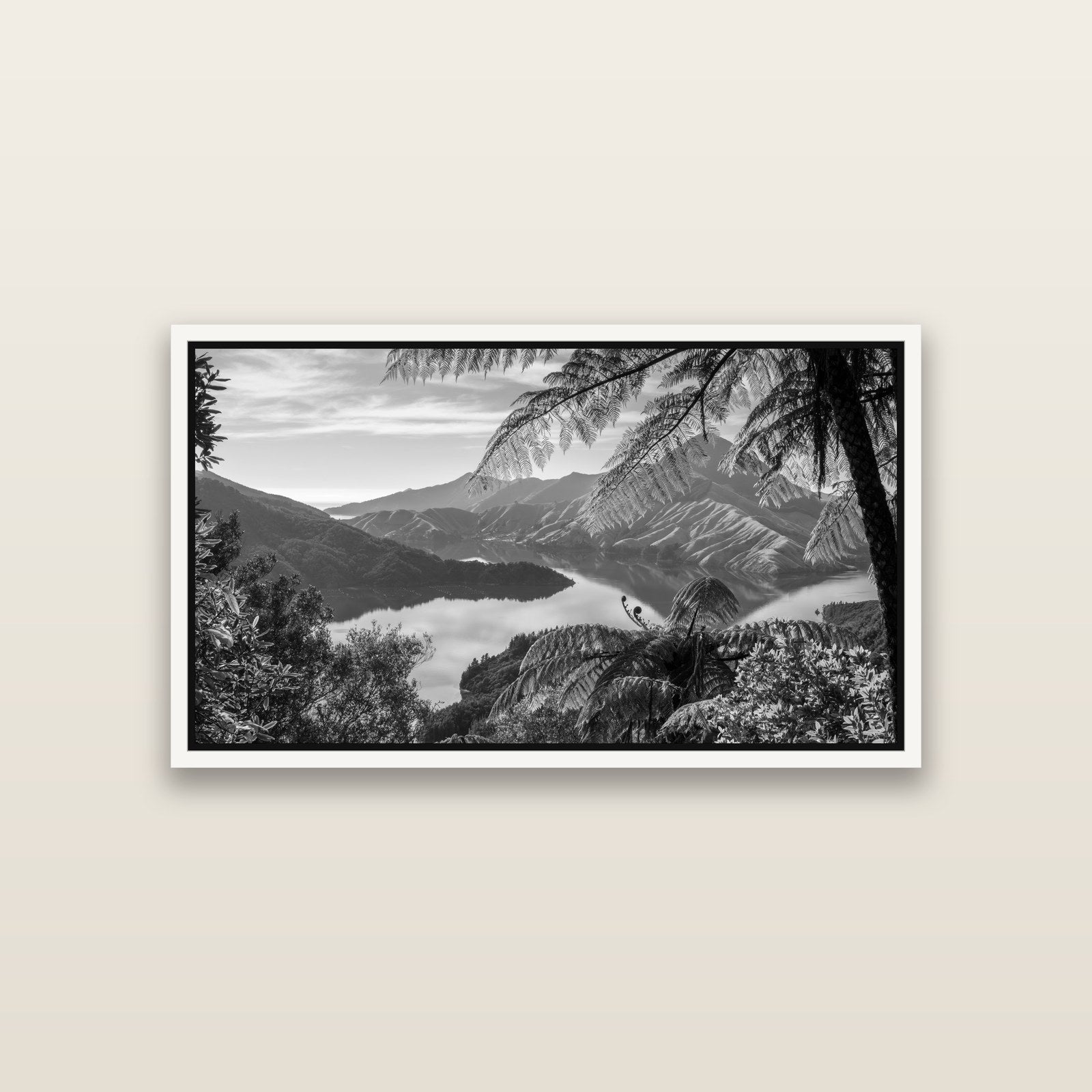 Nature's Window to Devils Staircase, Marlborough Sounds — White framed metallic canvas print, small 81 × 46 cm. New Zealand fine art landscape wall art by Stephen Milner.