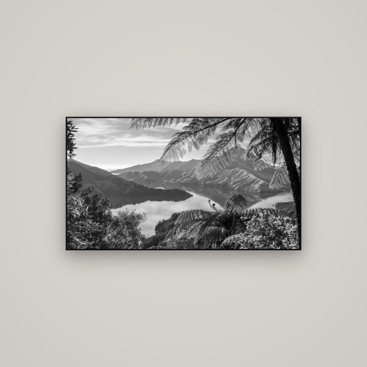 Nature's Window to Devils Staircase, Marlborough Sounds — ArtBox Black, 107×60 cm. New Zealand fine art wall art by Stephen Milner.