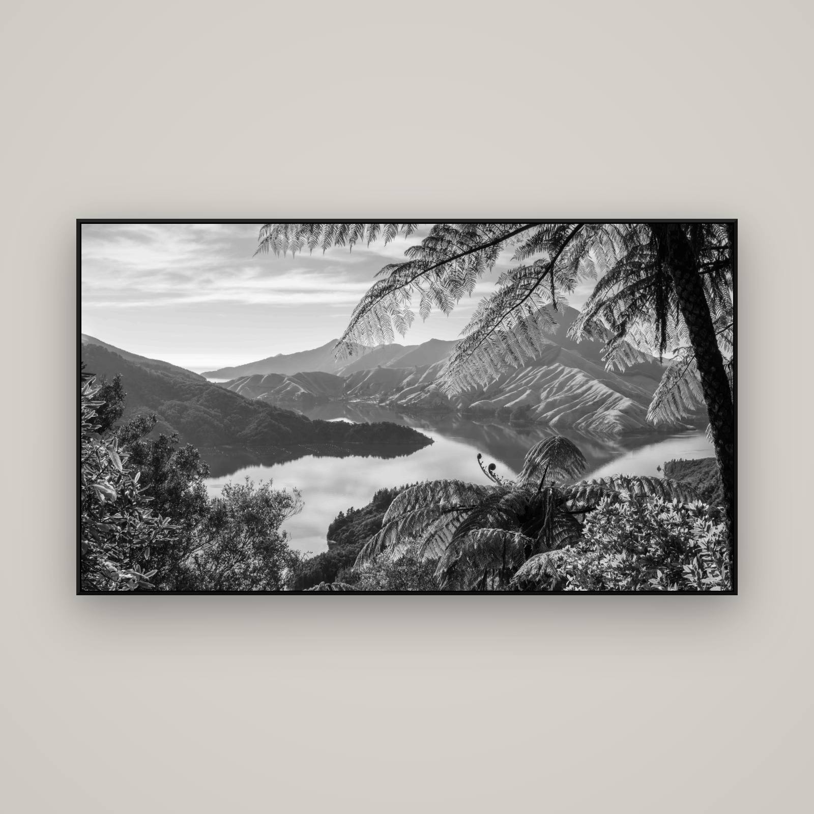 Nature's Window to Devils Staircase, Marlborough Sounds — ArtBox Black, 160×90 cm. New Zealand fine art wall art by Stephen Milner.