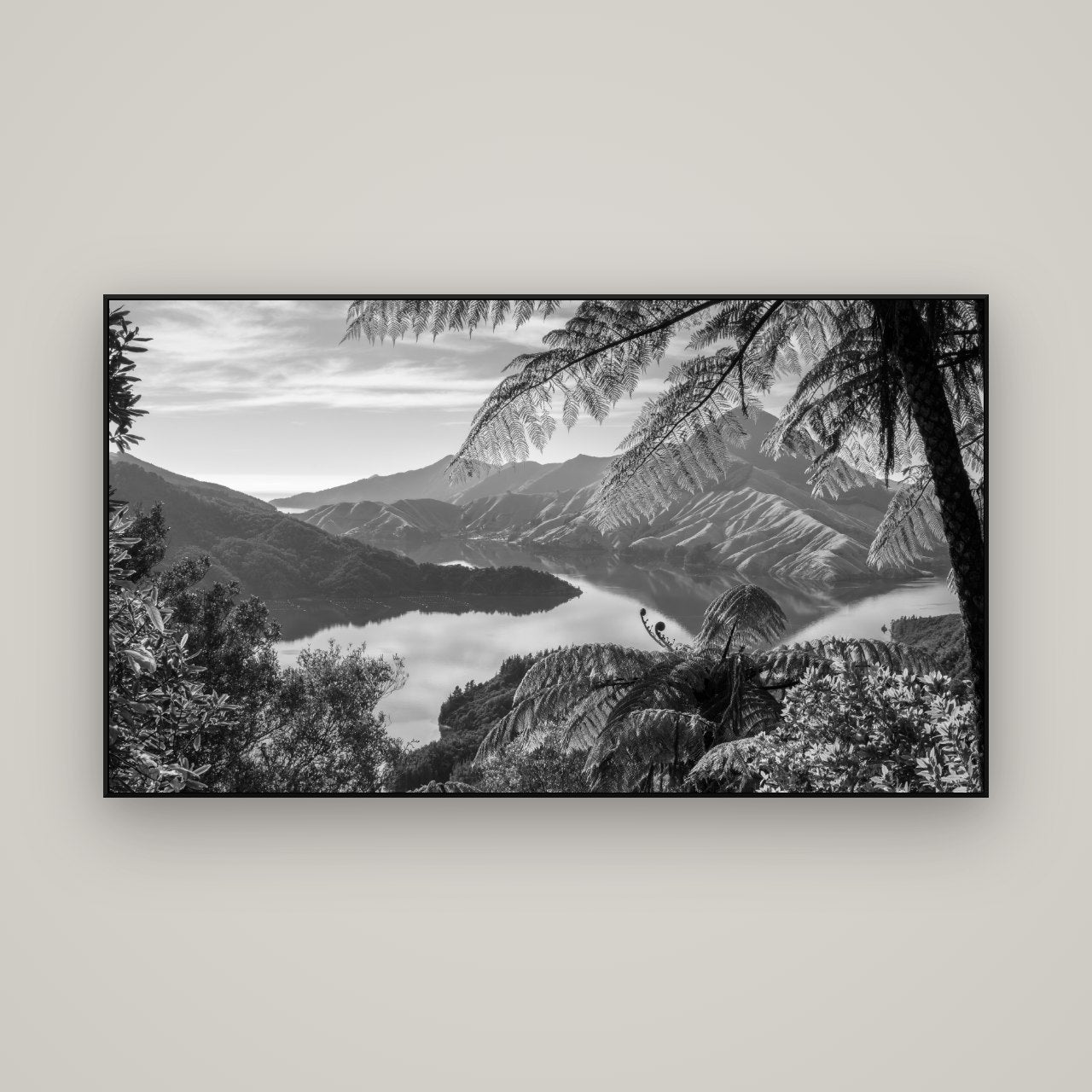 Nature's Window to Devils Staircase, Marlborough Sounds — ArtBox Black, 160×90 cm. New Zealand fine art wall art by Stephen Milner.