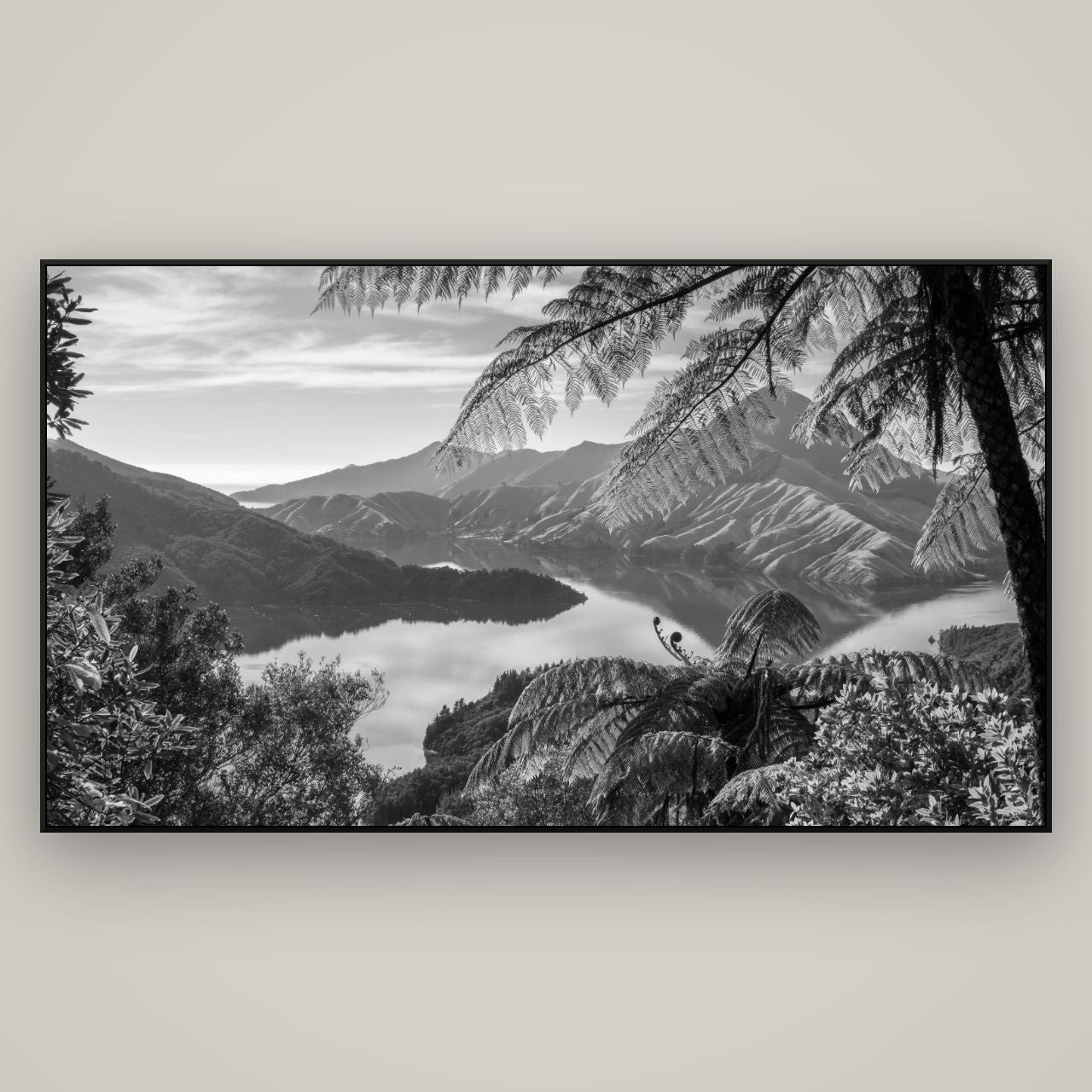 Nature's Window to Devils Staircase, Marlborough Sounds — ArtBox Black, 196×110 cm. New Zealand fine art wall art by Stephen Milner.