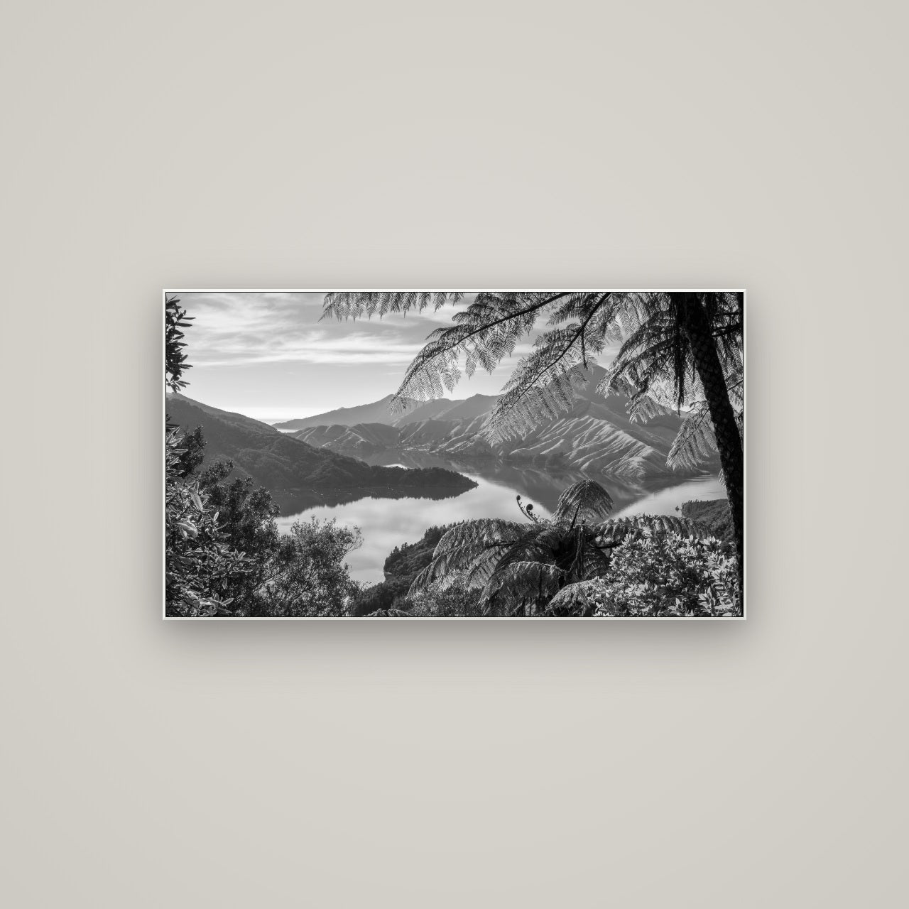 Nature's Window to Devils Staircase, Marlborough Sounds — ArtBox White, 107×60 cm. New Zealand fine art wall art by Stephen Milner.