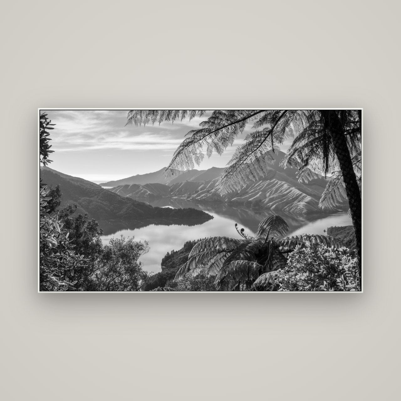 Nature's Window to Devils Staircase, Marlborough Sounds — ArtBox White, 160×90 cm. New Zealand fine art wall art by Stephen Milner.