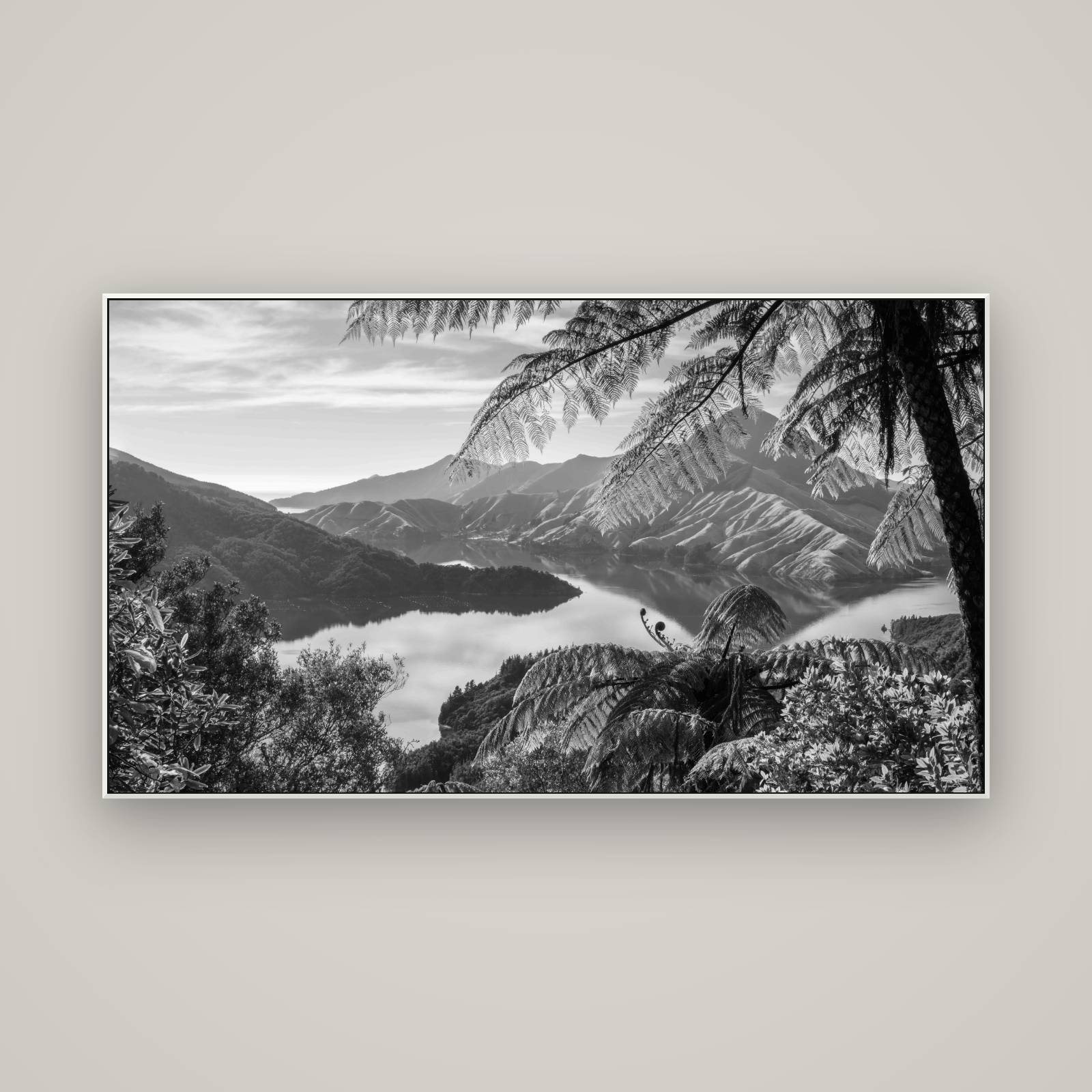 Nature's Window to Devils Staircase, Marlborough Sounds — ArtBox White, 160×90 cm. New Zealand fine art wall art by Stephen Milner.
