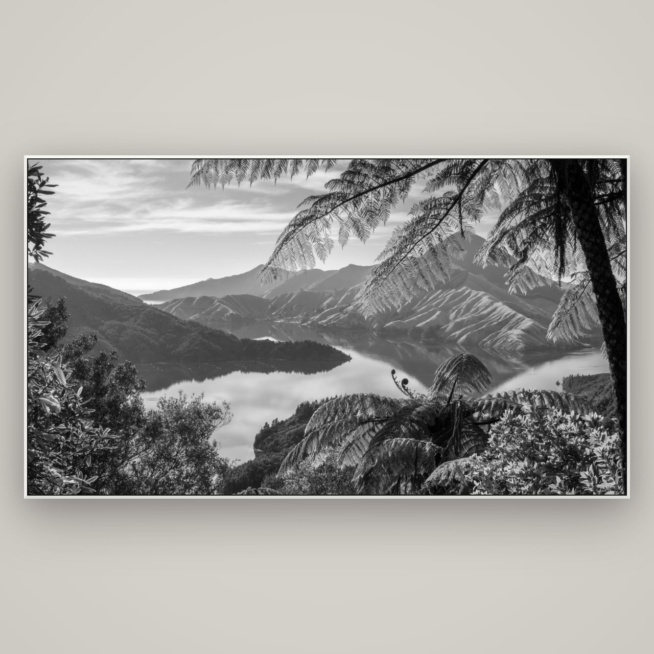 Nature's Window to Devils Staircase, Marlborough Sounds — ArtBox White, 196×110 cm. New Zealand fine art wall art by Stephen Milner.