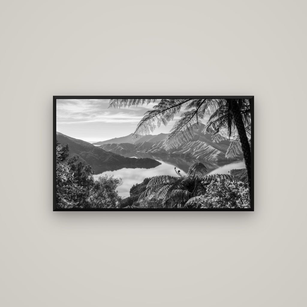 Nature's Window to Devils Staircase, Marlborough Sounds — Basel Black Matte, 107×60 cm. New Zealand fine art wall art by Stephen Milner.