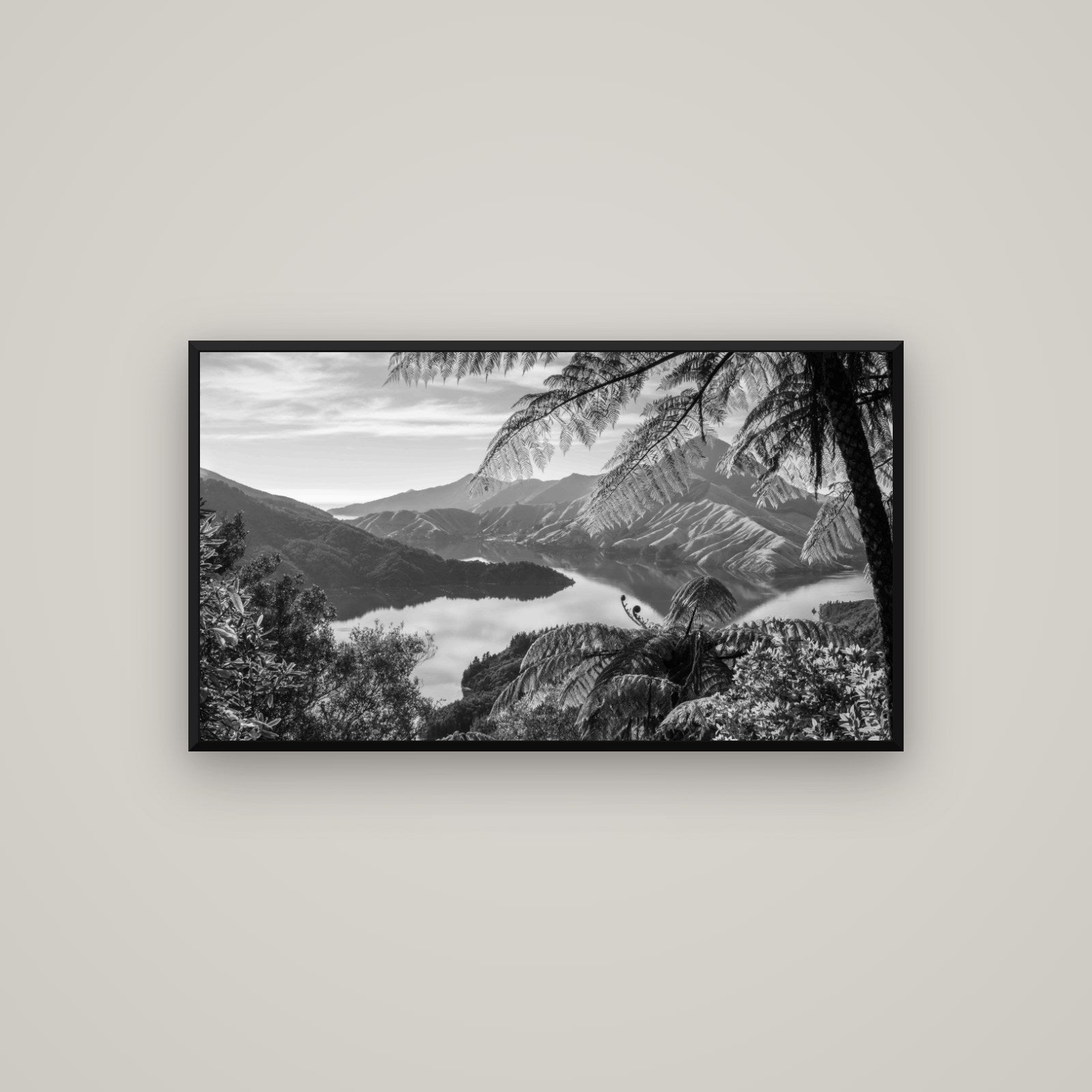 Nature's Window to Devils Staircase, Marlborough Sounds — Basel Black, 107×60 cm. New Zealand fine art wall art by Stephen Milner.