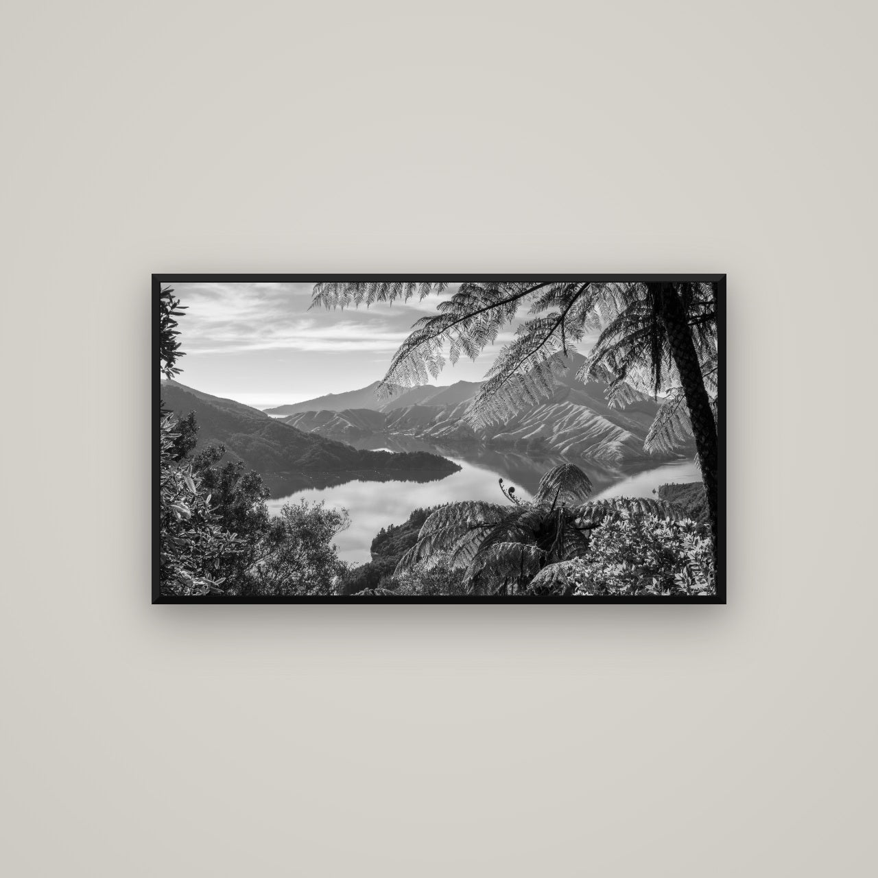 Nature's Window to Devils Staircase, Marlborough Sounds — Basel Black, 107×60 cm. New Zealand fine art wall art by Stephen Milner.