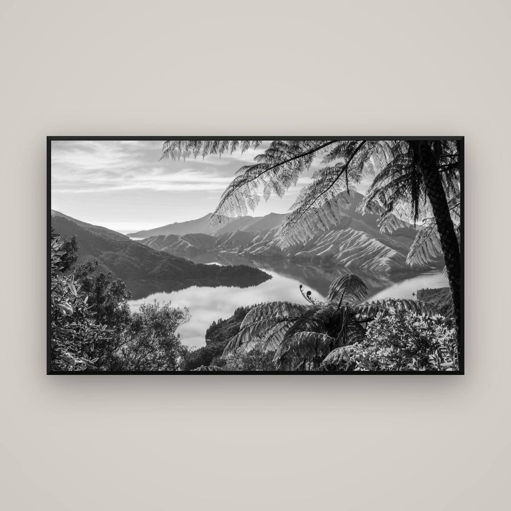 Nature's Window to Devils Staircase, Marlborough Sounds — Basel Black Matte, 160×90 cm. New Zealand fine art wall art by Stephen Milner.