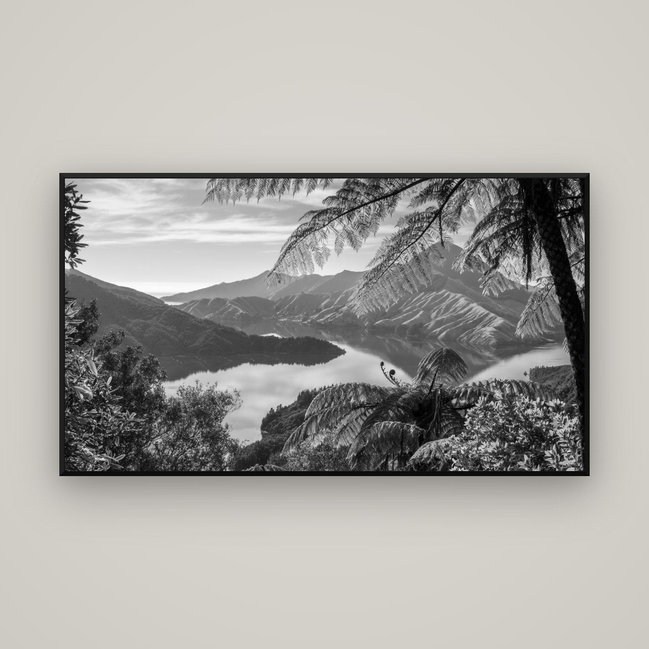 Nature's Window to Devils Staircase, Marlborough Sounds — Basel Black, 160×90 cm. New Zealand fine art wall art by Stephen Milner.