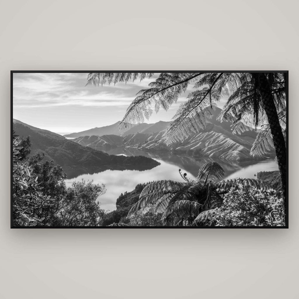 Nature's Window to Devils Staircase, Marlborough Sounds — Basel Black Matte, 196×110 cm. New Zealand fine art wall art by Stephen Milner.