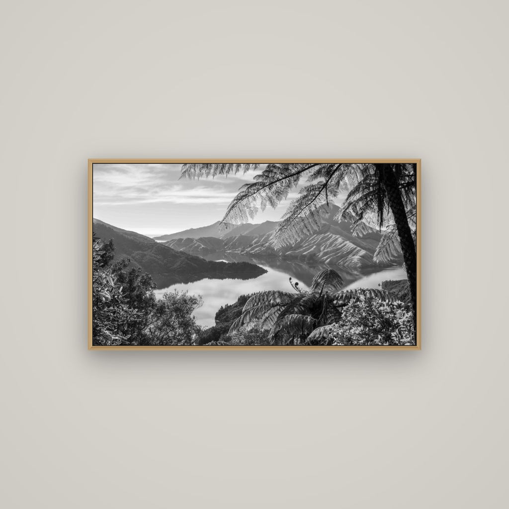 Nature's Window to Devils Staircase, Marlborough Sounds, Basel Natural Oak, 107×60 cm. New Zealand fine art wall art by Stephen Milner.