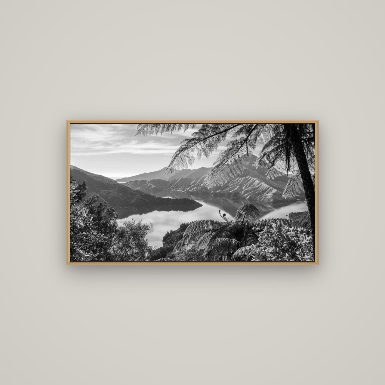 Nature's Window to Devils Staircase, Marlborough Sounds, Basel Natural Oak, 107×60 cm. New Zealand fine art wall art by Stephen Milner.
