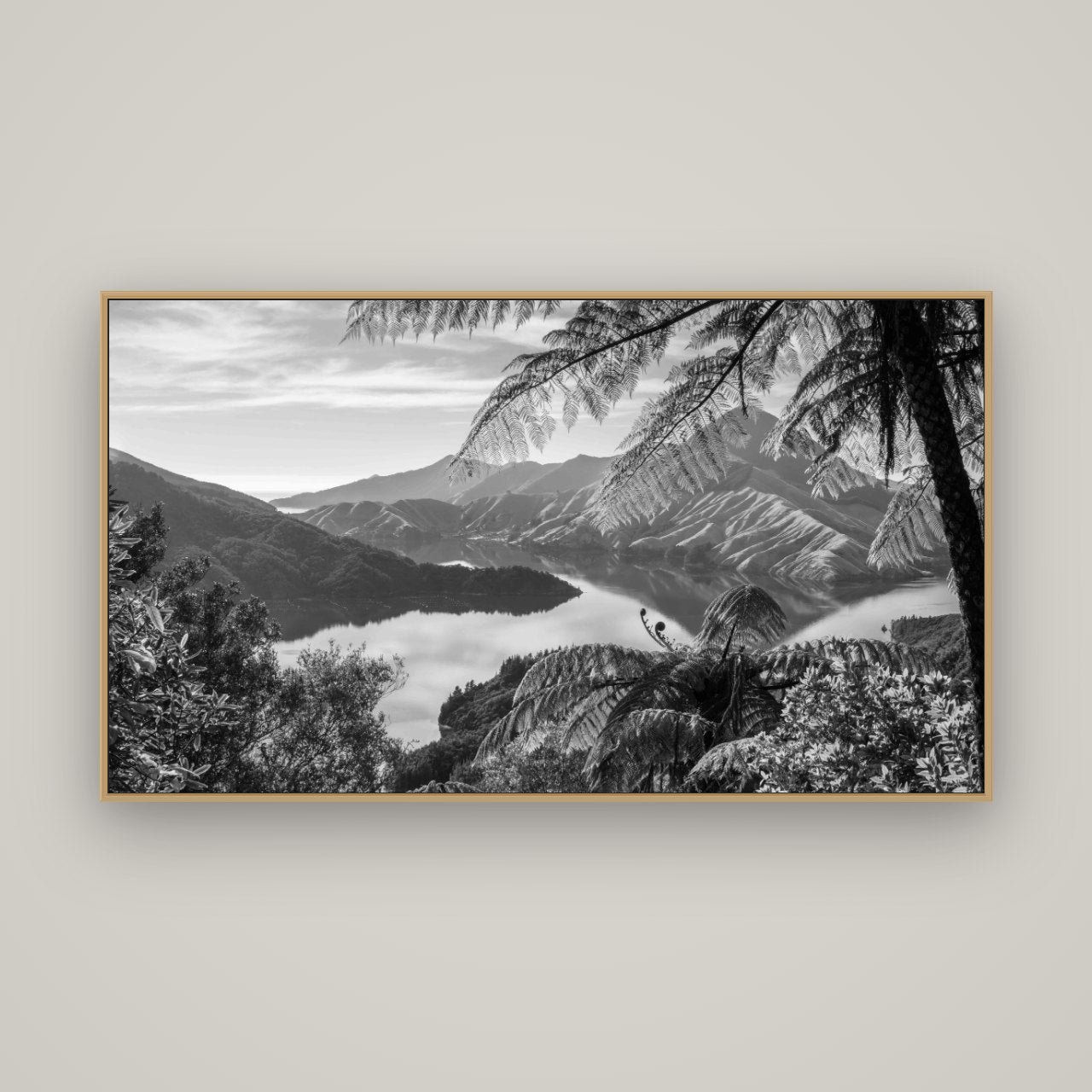 Nature's Window to Devils Staircase, Marlborough Sounds, Basel Natural Oak, 160×90 cm. New Zealand fine art wall art by Stephen Milner.