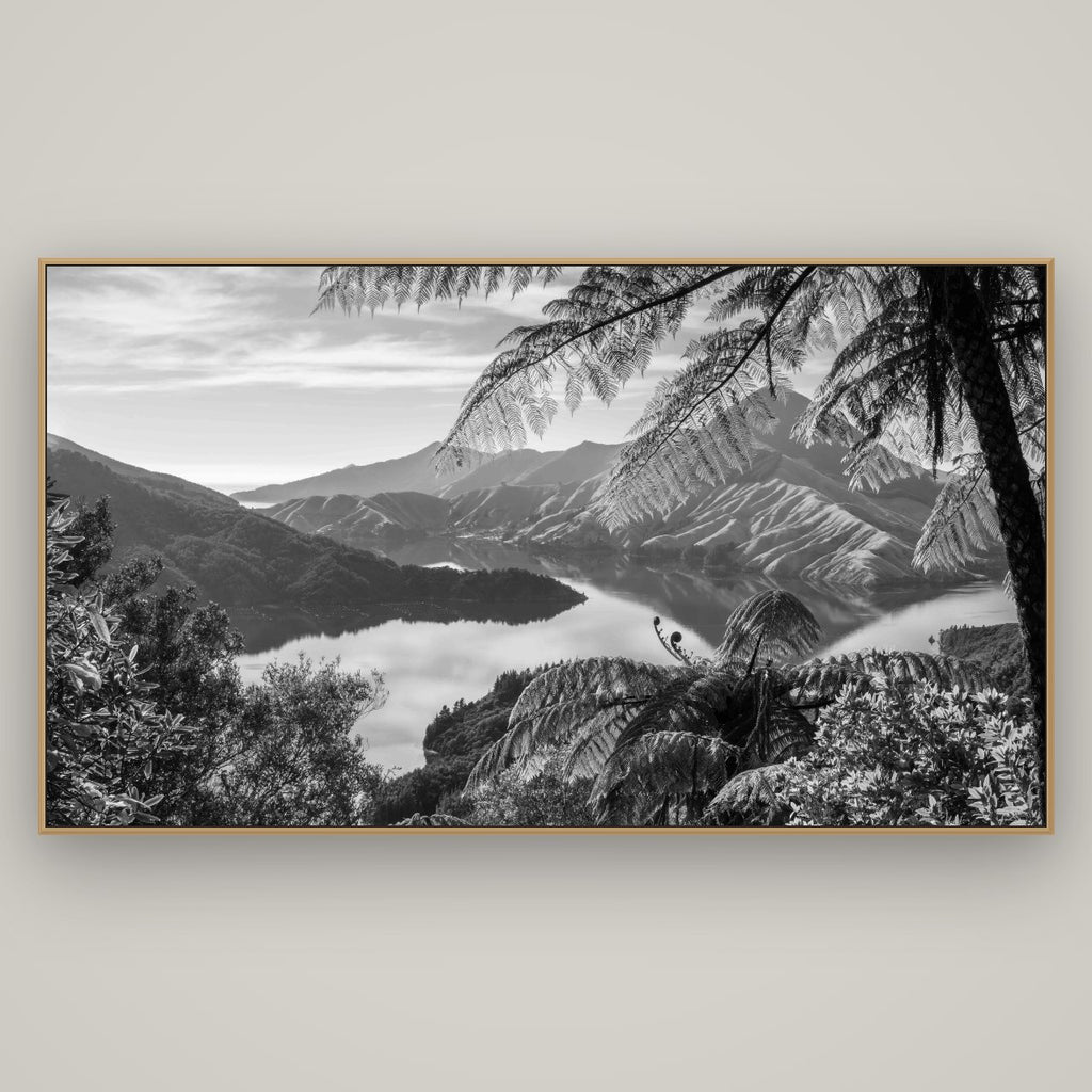 Nature's Window to Devils Staircase, Marlborough Sounds, Basel Natural Oak, 196×110 cm. New Zealand fine art wall art by Stephen Milner.