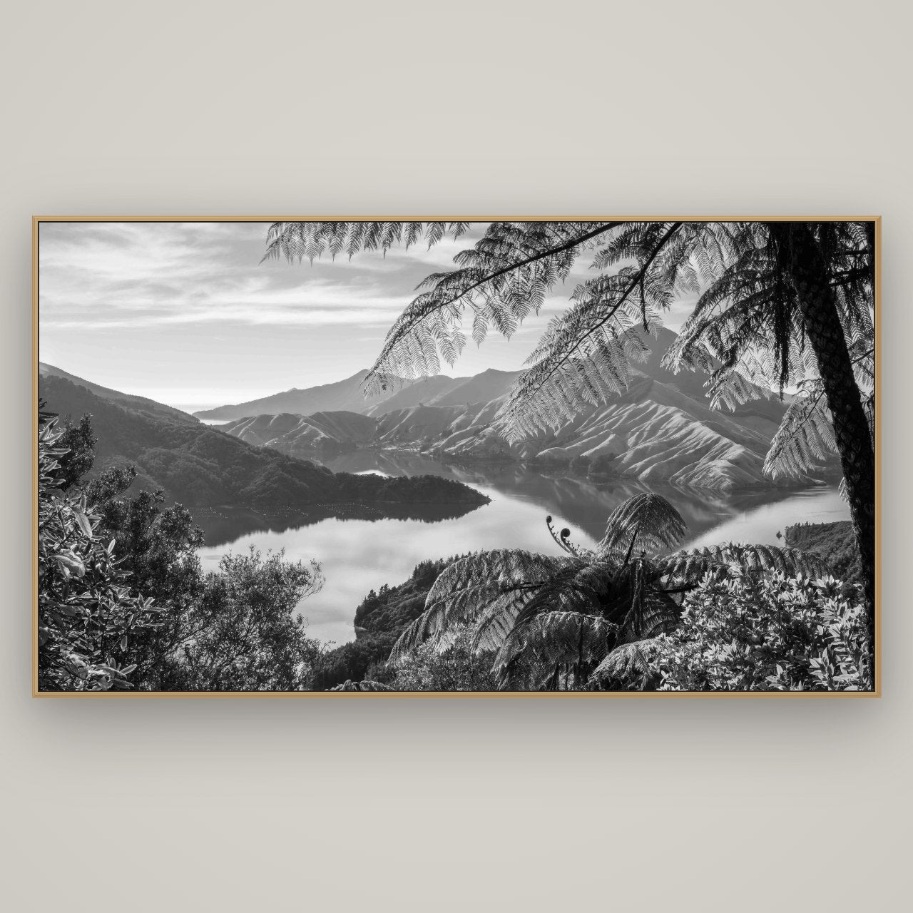 Nature's Window to Devils Staircase, Marlborough Sounds, Basel Natural Oak, 196×110 cm. New Zealand fine art wall art by Stephen Milner.