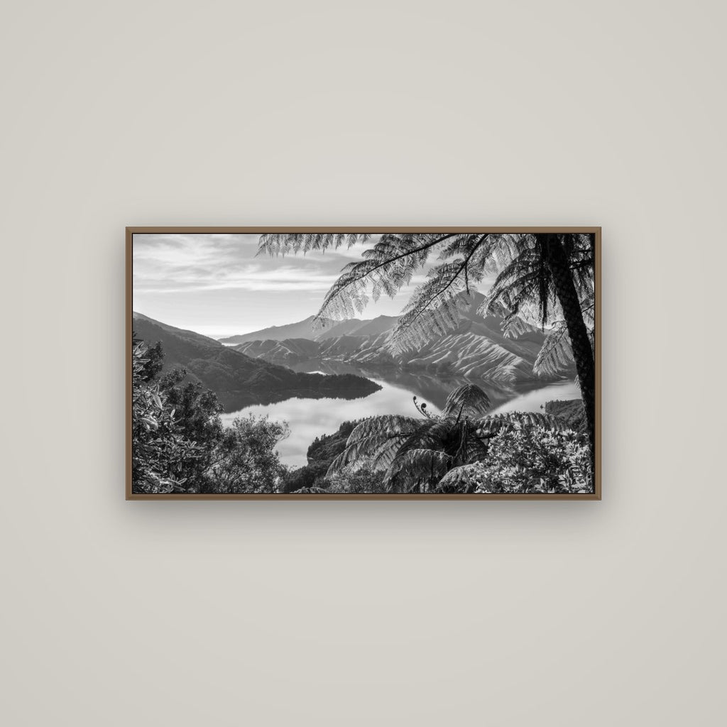 Nature's Window to Devils Staircase, Marlborough Sounds, Basel Walnut, 107×60 cm. New Zealand fine art wall art by Stephen Milner.