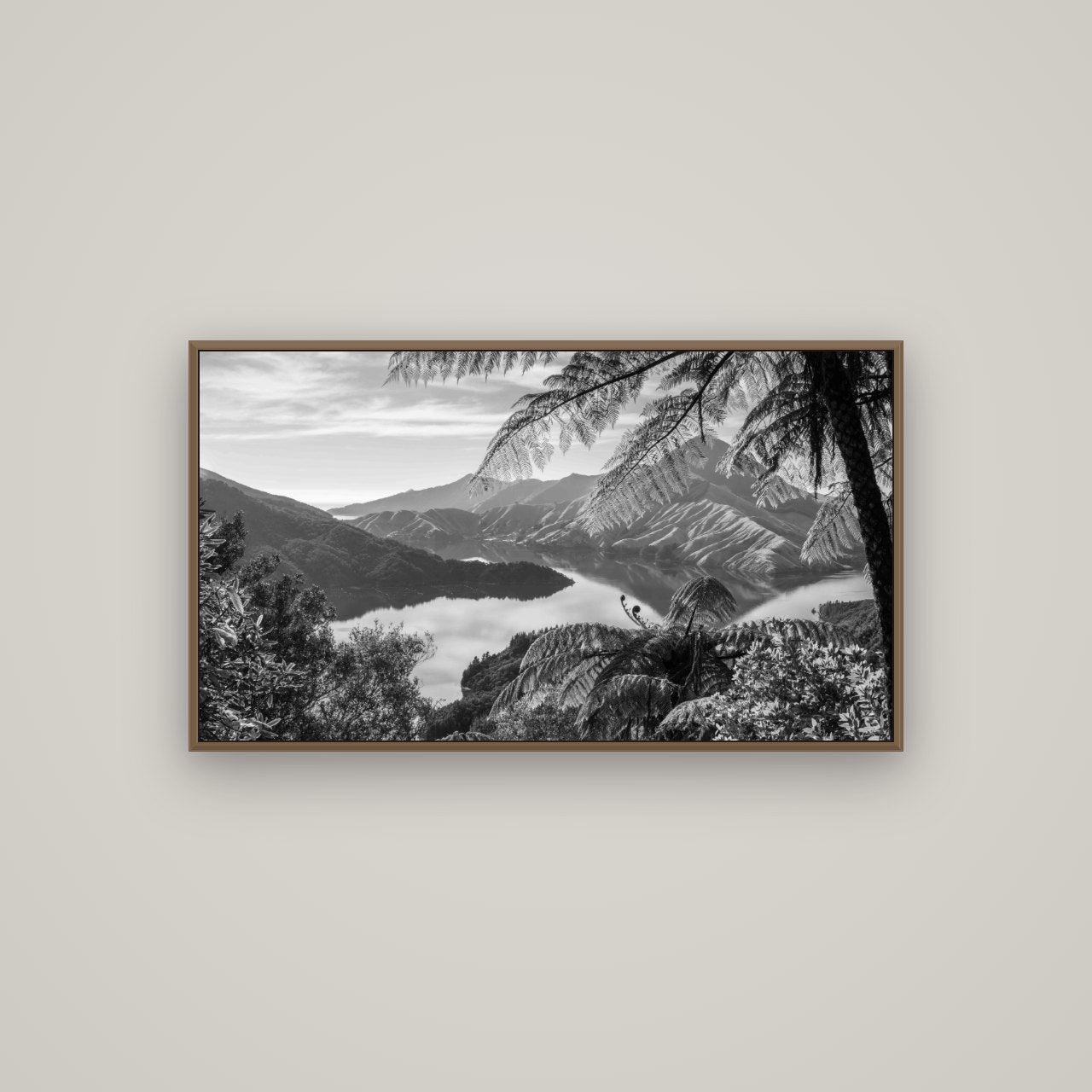 Nature's Window to Devils Staircase, Marlborough Sounds, Basel Walnut, 107×60 cm. New Zealand fine art wall art by Stephen Milner.