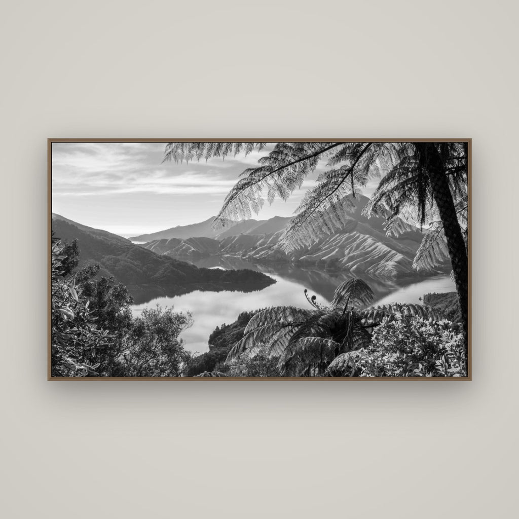 Nature's Window to Devils Staircase, Marlborough Sounds, Basel Walnut, 160×90 cm. New Zealand fine art wall art by Stephen Milner.