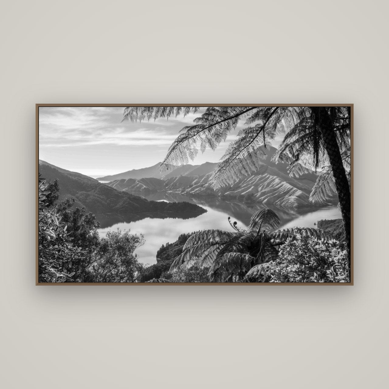 Nature's Window to Devils Staircase, Marlborough Sounds, Basel Walnut, 160×90 cm. New Zealand fine art wall art by Stephen Milner.