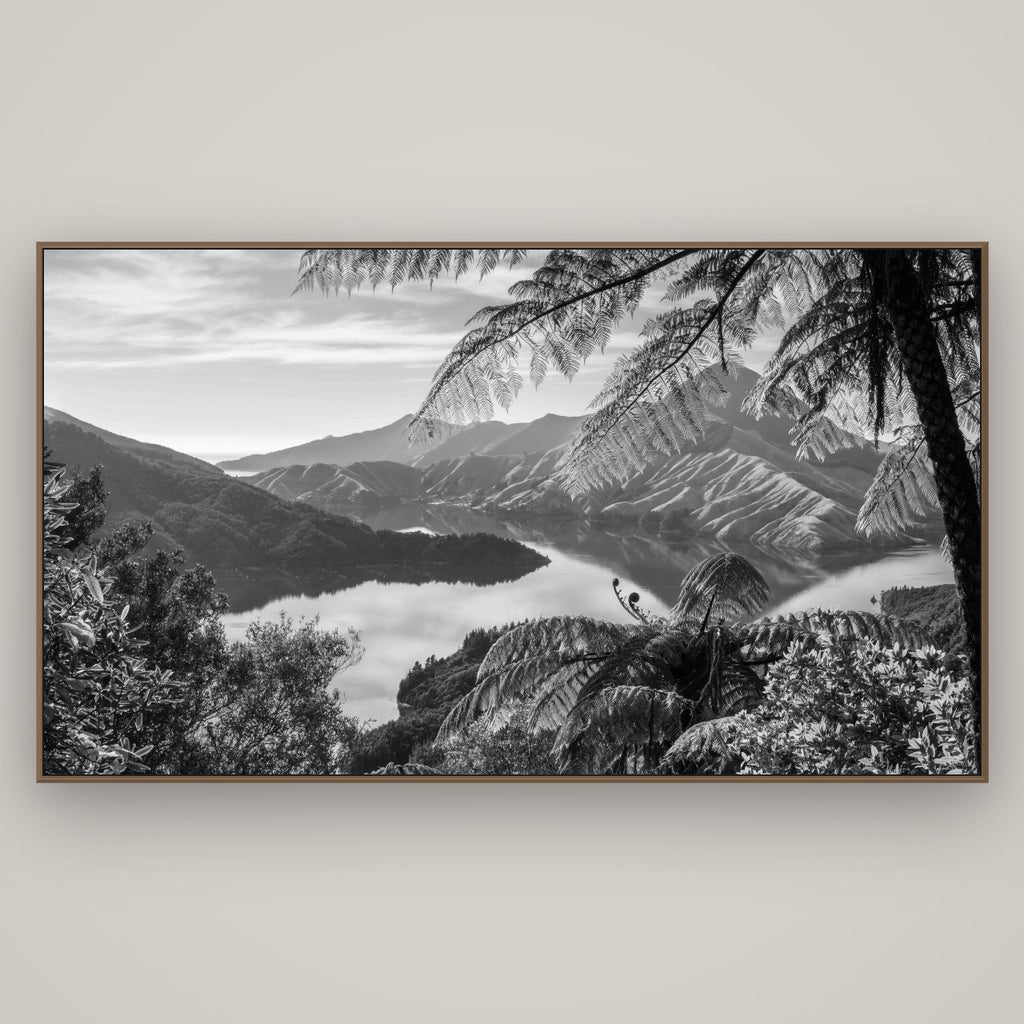 Nature's Window to Devils Staircase, Marlborough Sounds, Basel Walnut, 196×110 cm. New Zealand fine art wall art by Stephen Milner.