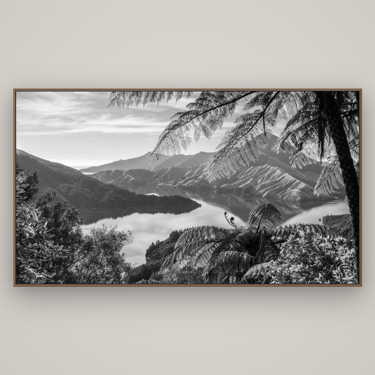 Nature's Window to Devils Staircase, Marlborough Sounds, Basel Walnut, 196×110 cm. New Zealand fine art wall art by Stephen Milner.