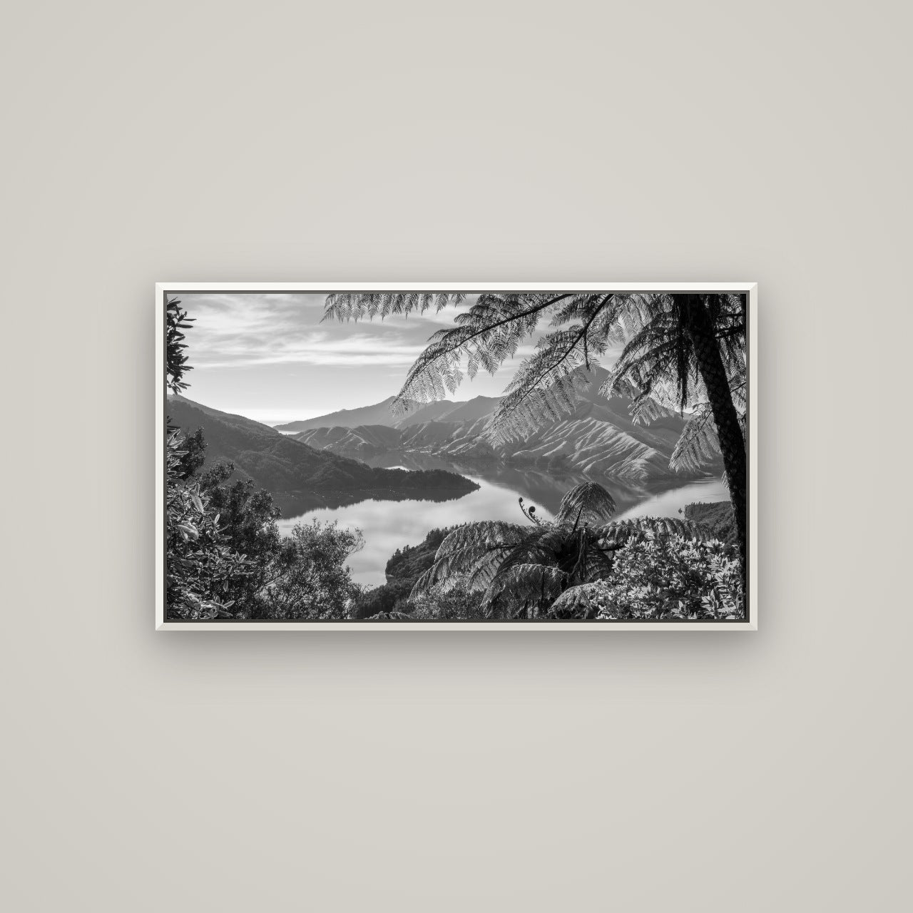 Nature's Window to Devils Staircase, Marlborough Sounds — Basel White, 107×60 cm. New Zealand fine art wall art by Stephen Milner.
