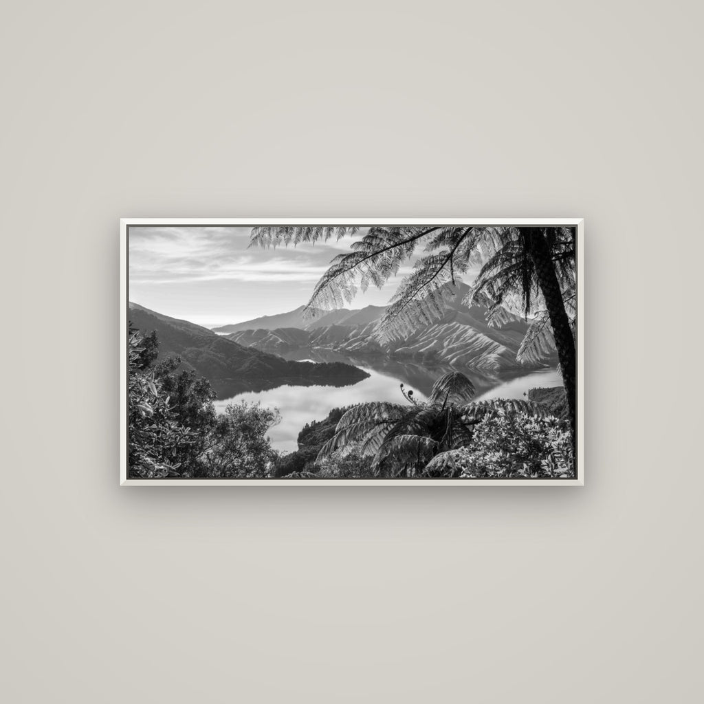 Nature's Window to Devils Staircase, Marlborough Sounds — Basel White, 107×60 cm. New Zealand fine art wall art by Stephen Milner.