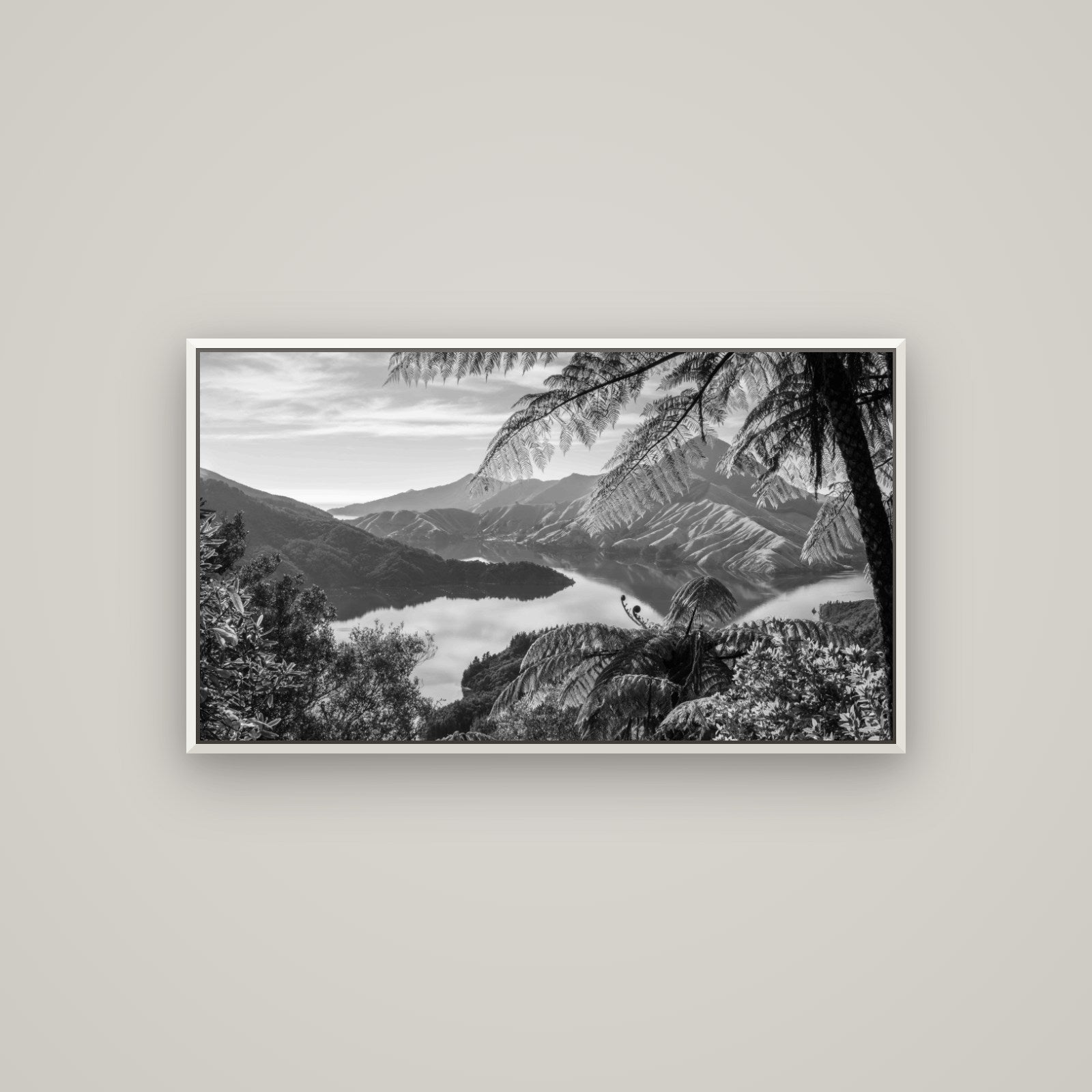 Nature's Window to Devils Staircase, Marlborough Sounds — Basel White, 107×60 cm. New Zealand fine art wall art by Stephen Milner.
