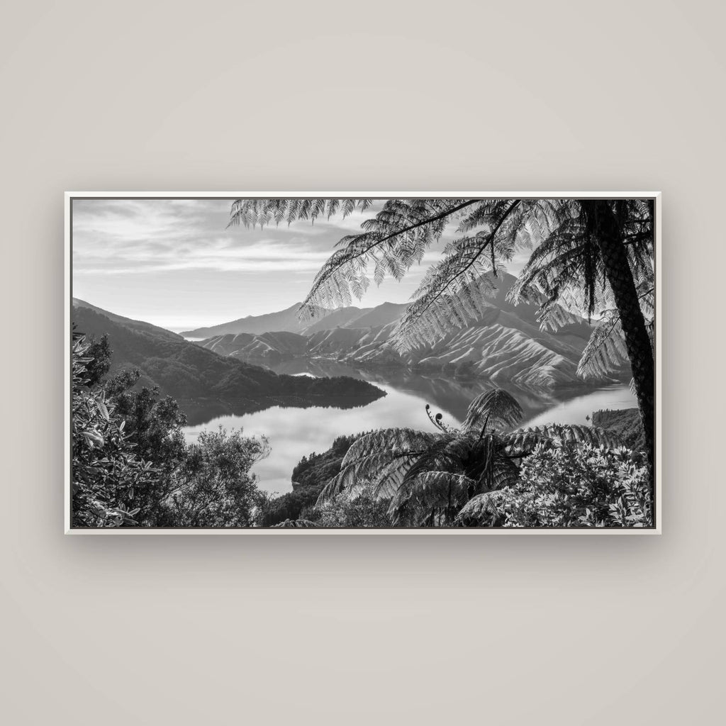 Nature's Window to Devils Staircase, Marlborough Sounds — Basel White, 160×90 cm. New Zealand fine art wall art by Stephen Milner.