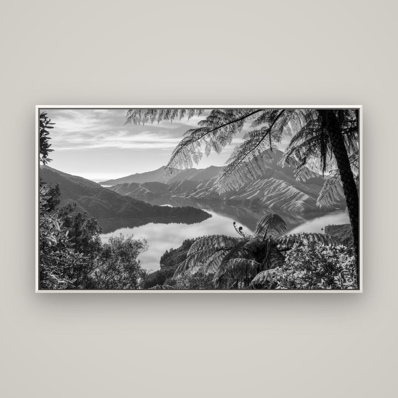 Nature's Window to Devils Staircase, Marlborough Sounds — Basel White, 160×90 cm. New Zealand fine art wall art by Stephen Milner.