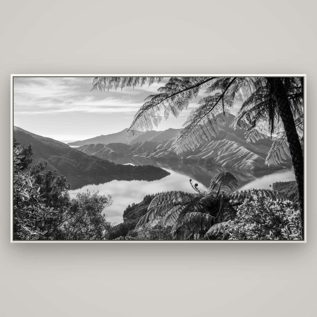 Nature's Window to Devils Staircase, Marlborough Sounds — Basel White, 196×110 cm. New Zealand fine art wall art by Stephen Milner.