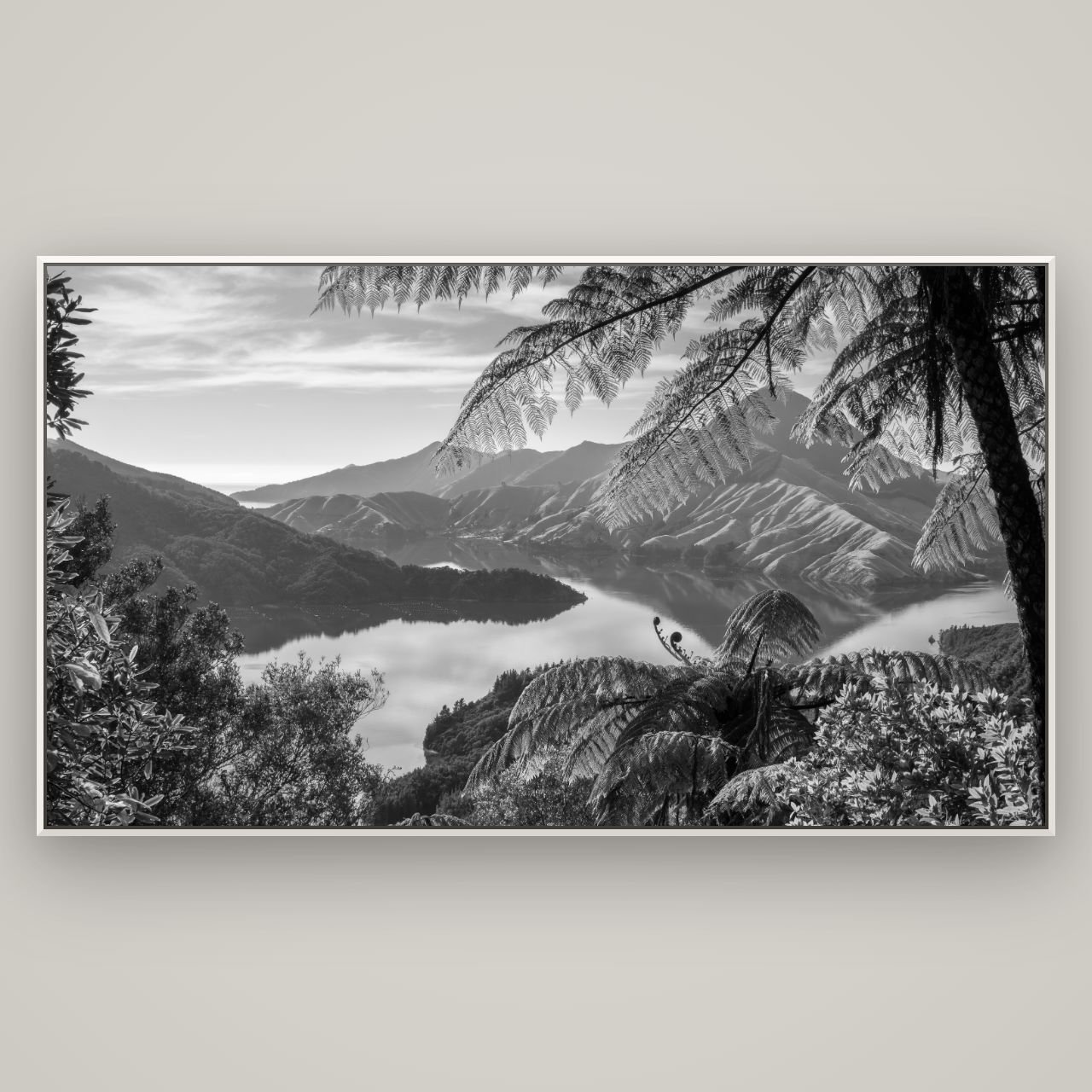 Nature's Window to Devils Staircase, Marlborough Sounds — Basel White, 196×110 cm. New Zealand fine art wall art by Stephen Milner.