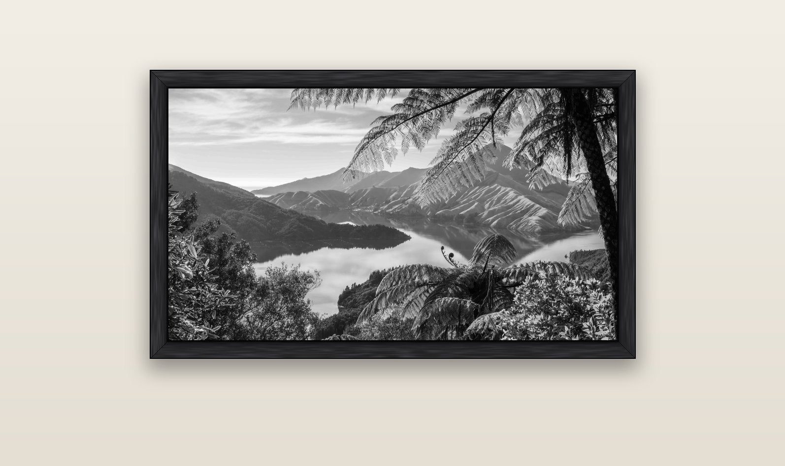 Nature's Window to Devils Staircase, Marlborough Sounds — black float frame canvas, 102 × 56 cm. New Zealand fine art landscape wall art by Stephen Milner.