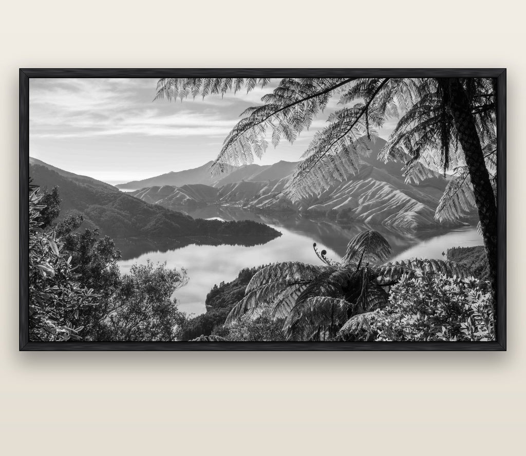 Nature's Window to Devils Staircase, Marlborough Sounds — black float frame canvas, 200 × 130 cm. New Zealand fine art landscape wall art by Stephen Milner.