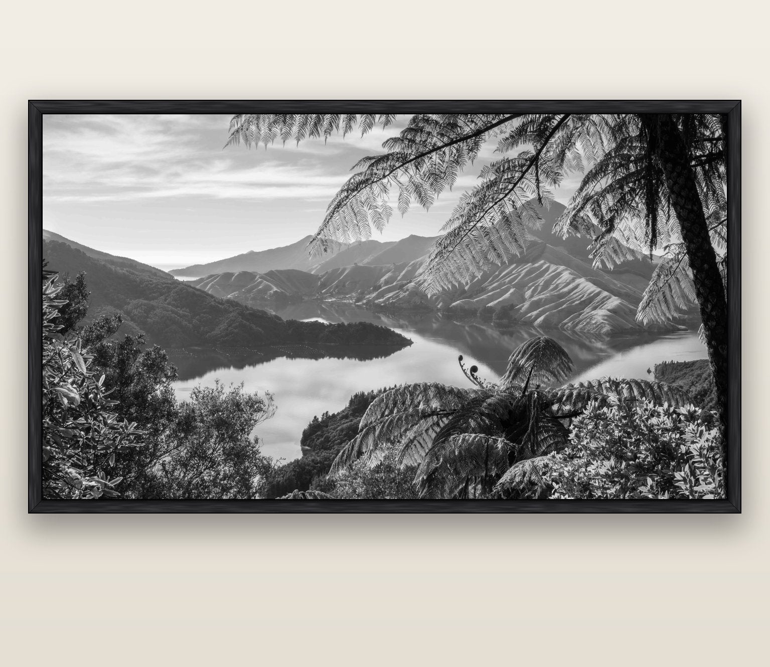 Nature's Window to Devils Staircase, Marlborough Sounds — black float frame canvas, 200 × 130 cm. New Zealand fine art landscape wall art by Stephen Milner.