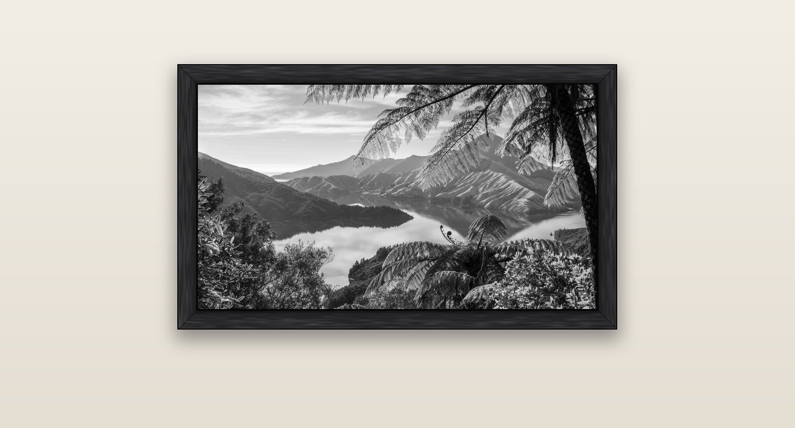 Nature's Window to Devils Staircase, Marlborough Sounds — black float frame canvas, 81 × 46 cm. New Zealand fine art landscape wall art by Stephen Milner.