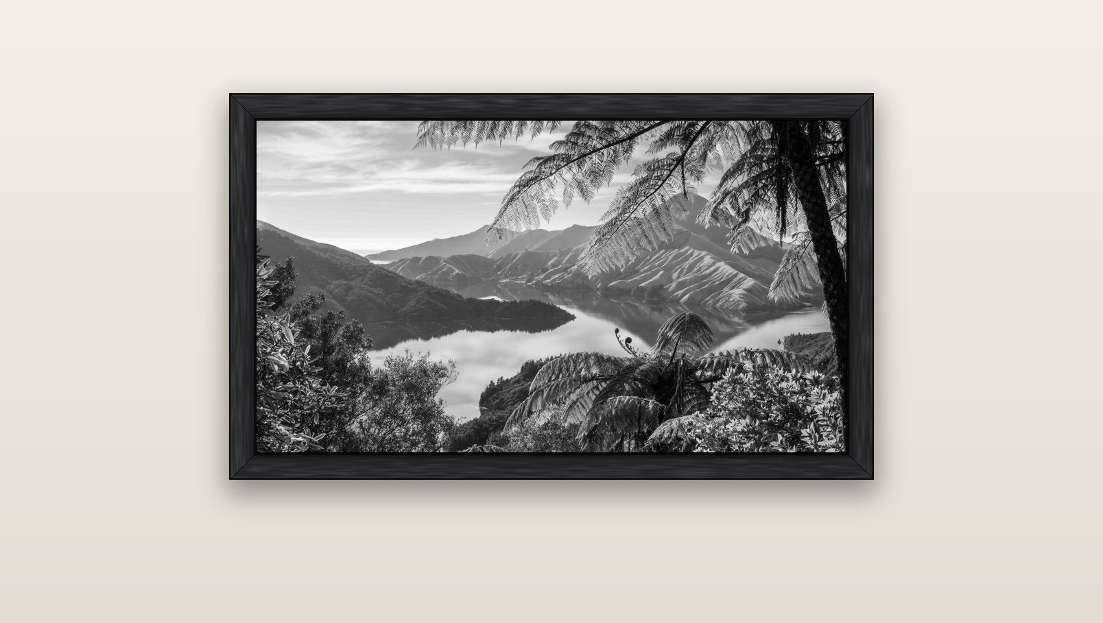 Nature's Window to Devils Staircase, Marlborough Sounds — black float frame canvas, 91 × 51 cm. New Zealand fine art landscape wall art by Stephen Milner.