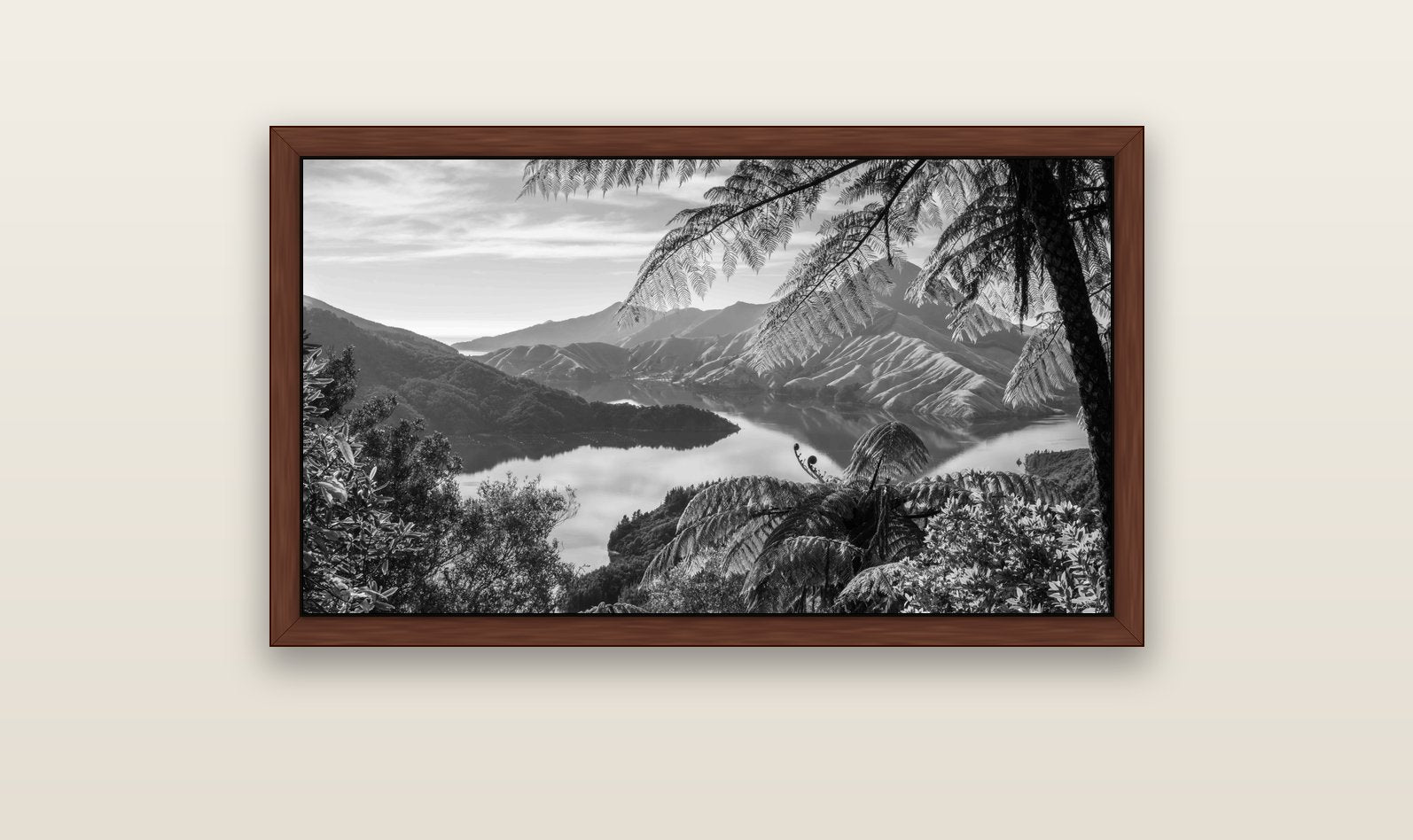 Nature's Window to Devils Staircase, Marlborough Sounds — brown float frame canvas, 102 × 56 cm. New Zealand fine art landscape wall art by Stephen Milner.