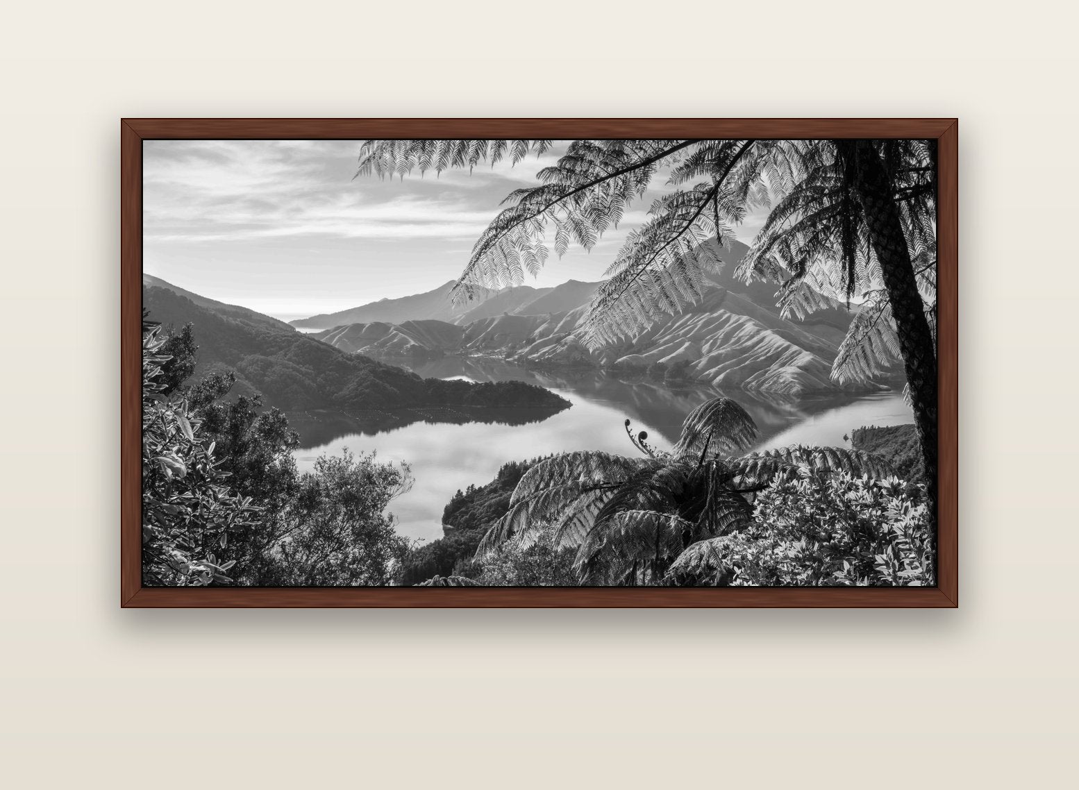 Nature's Window to Devils Staircase, Marlborough Sounds — brown float frame canvas, 152 × 86 cm. New Zealand fine art landscape wall art by Stephen Milner.