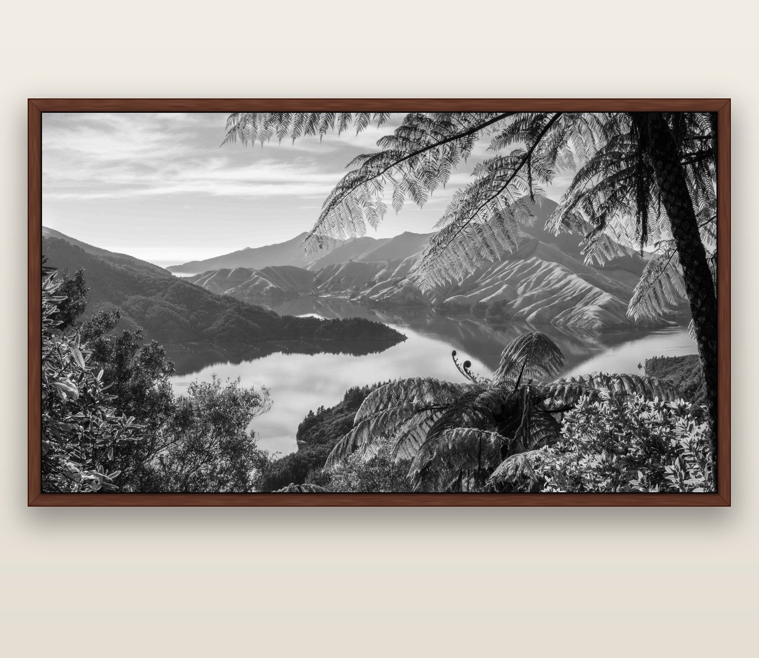 Nature's Window to Devils Staircase, Marlborough Sounds — brown float frame canvas, 200 × 130 cm. New Zealand fine art landscape wall art by Stephen Milner.