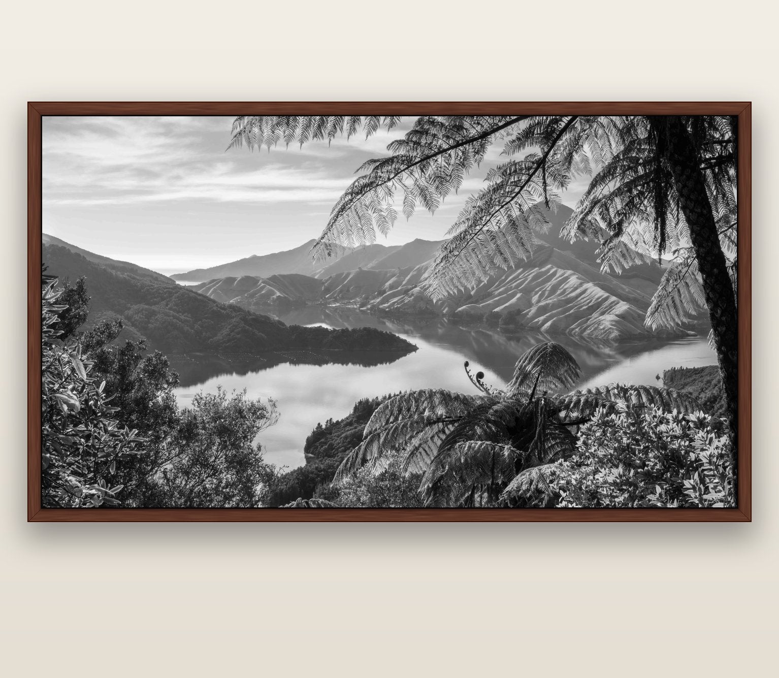 Nature's Window to Devils Staircase, Marlborough Sounds — brown float frame canvas, 201 × 99 cm. New Zealand fine art landscape wall art by Stephen Milner.
