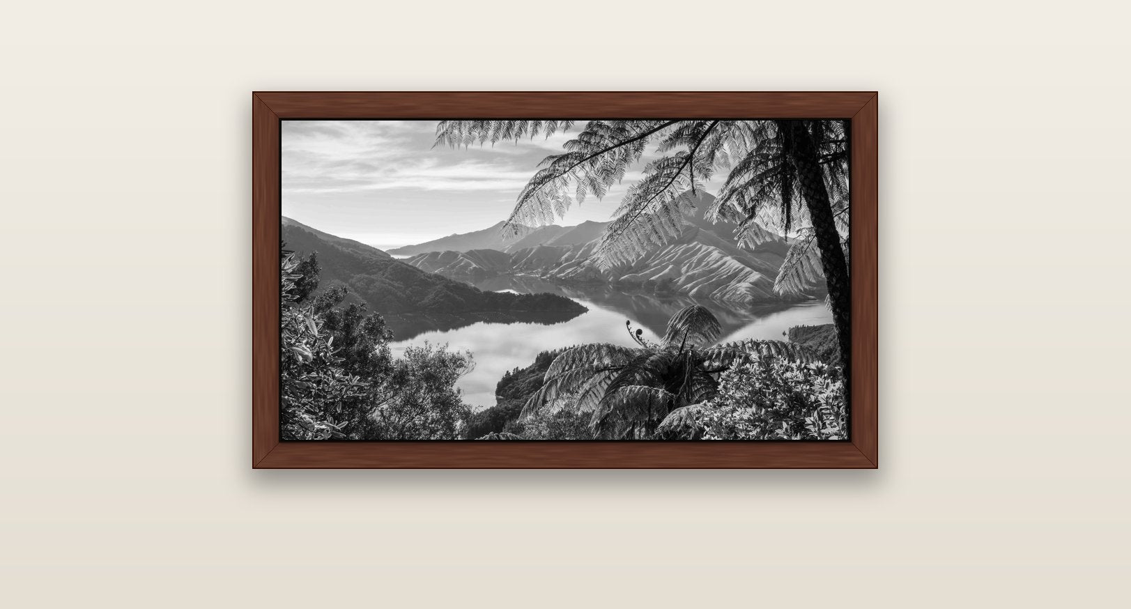 Nature's Window to Devils Staircase, Marlborough Sounds — brown float frame canvas, 81 × 46 cm. New Zealand fine art landscape wall art by Stephen Milner.