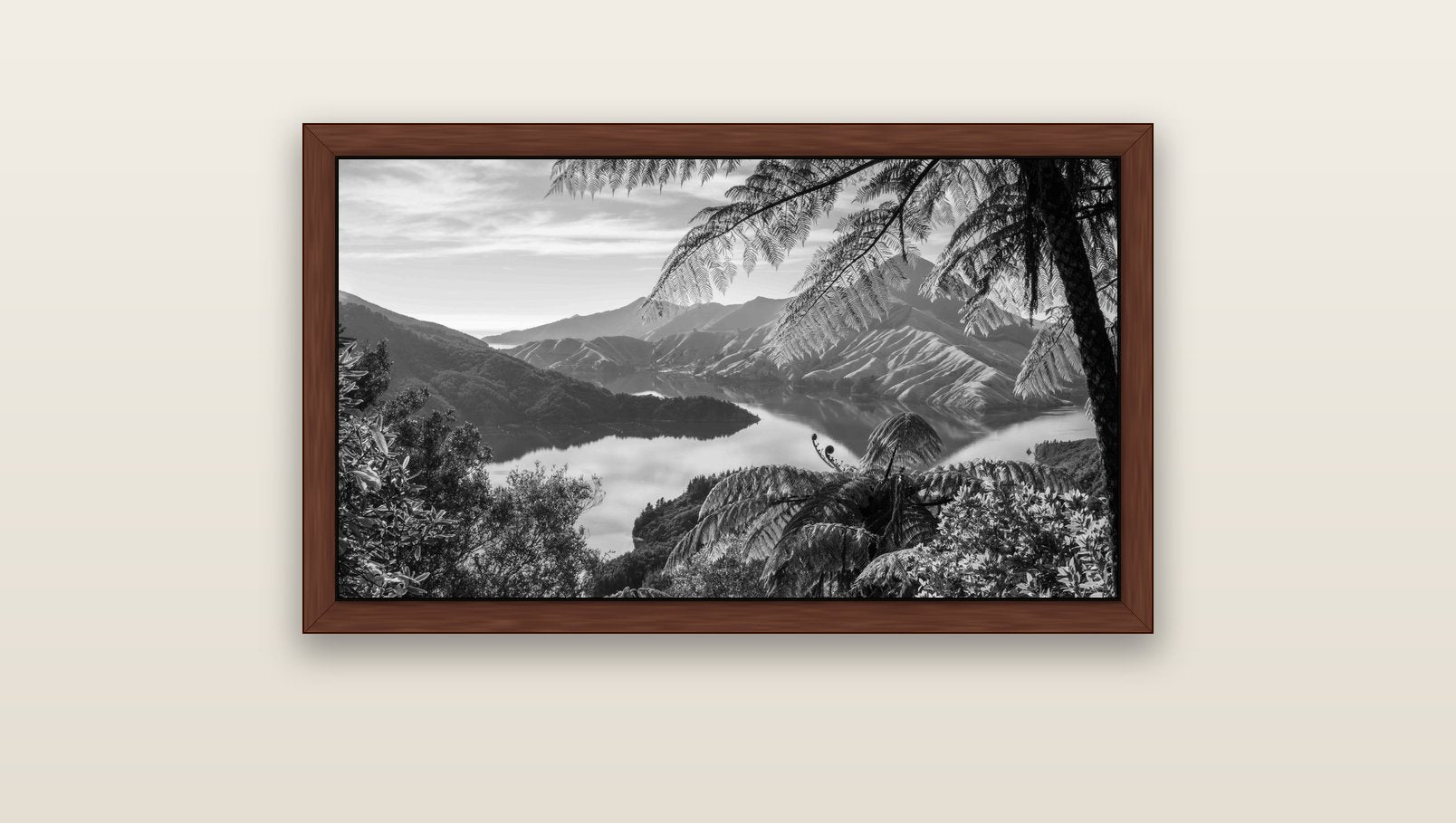 Nature's Window to Devils Staircase, Marlborough Sounds — brown float frame canvas, 91 × 51 cm. New Zealand fine art landscape wall art by Stephen Milner.