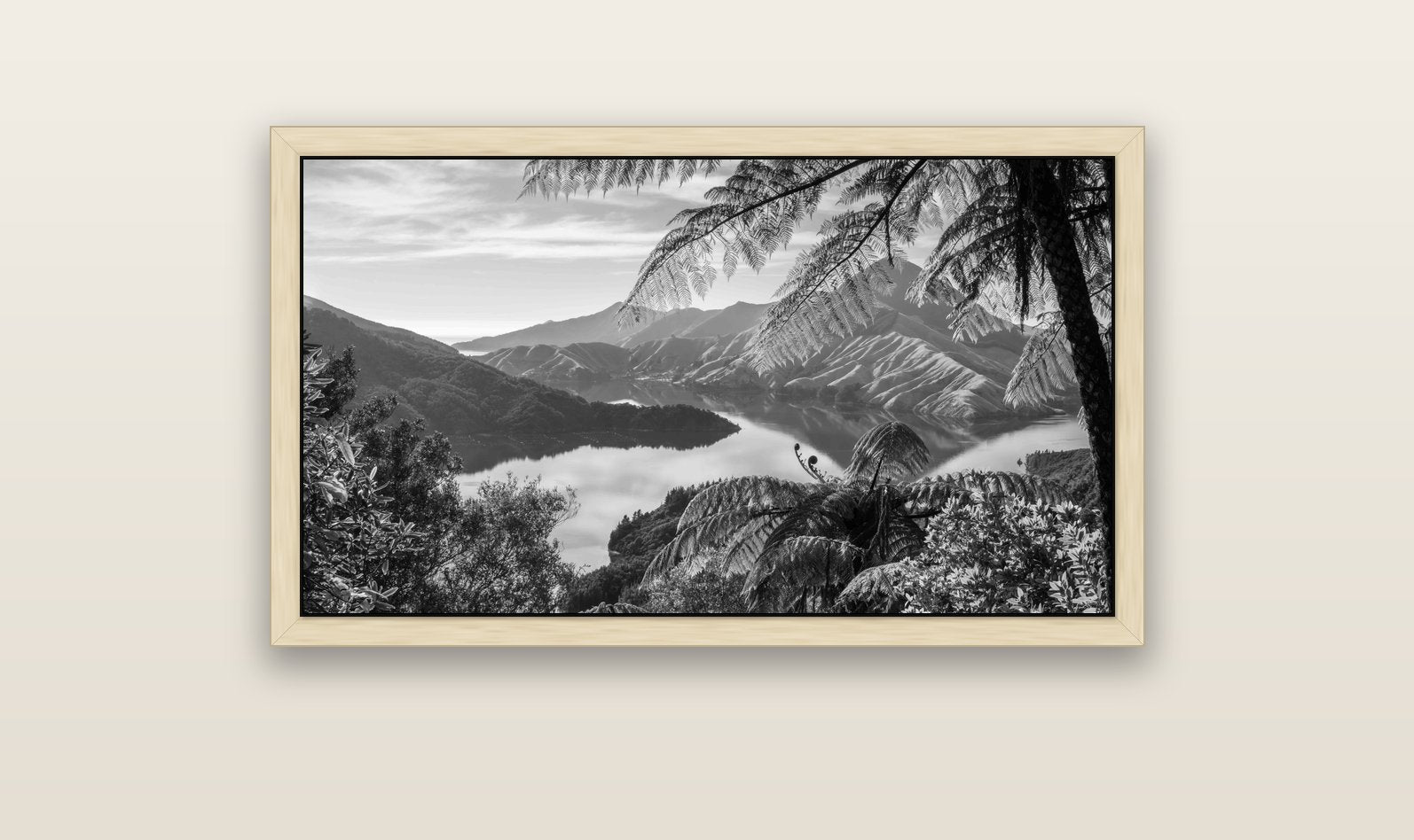 Nature's Window to Devils Staircase, Marlborough Sounds — natural float frame canvas, 102 × 56 cm. New Zealand fine art landscape wall art by Stephen Milner.