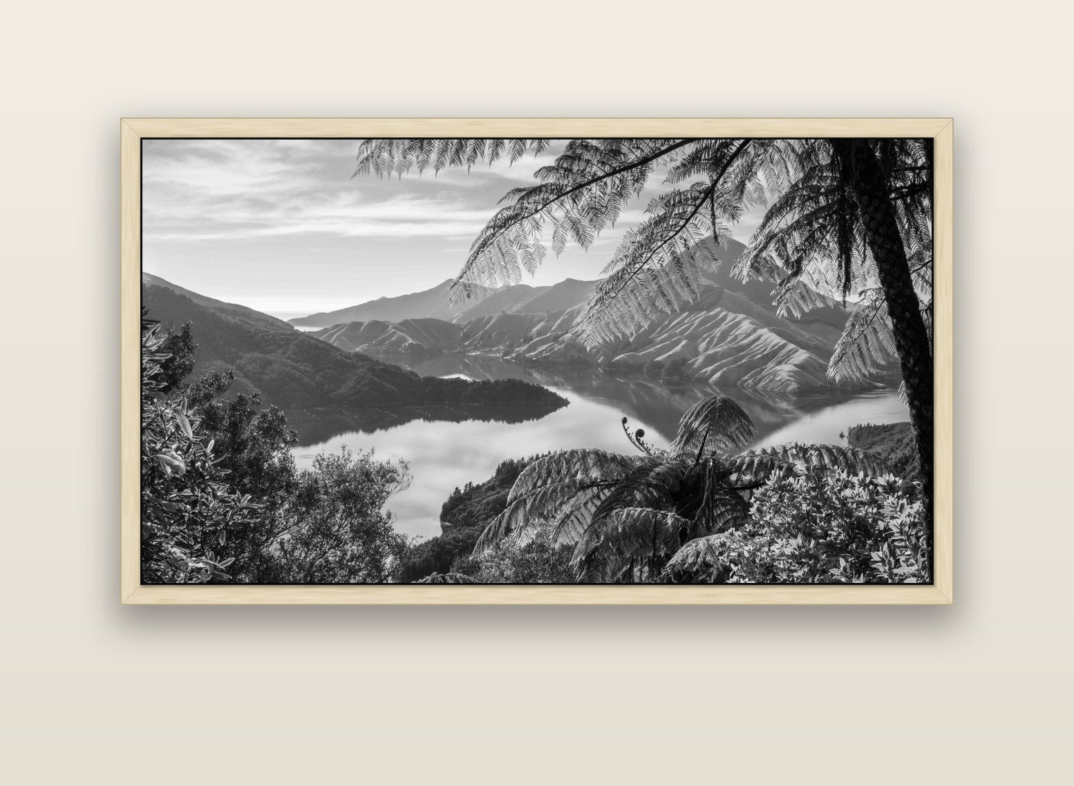Nature's Window to Devils Staircase, Marlborough Sounds — natural float frame canvas, 152 × 86 cm. New Zealand fine art landscape wall art by Stephen Milner.