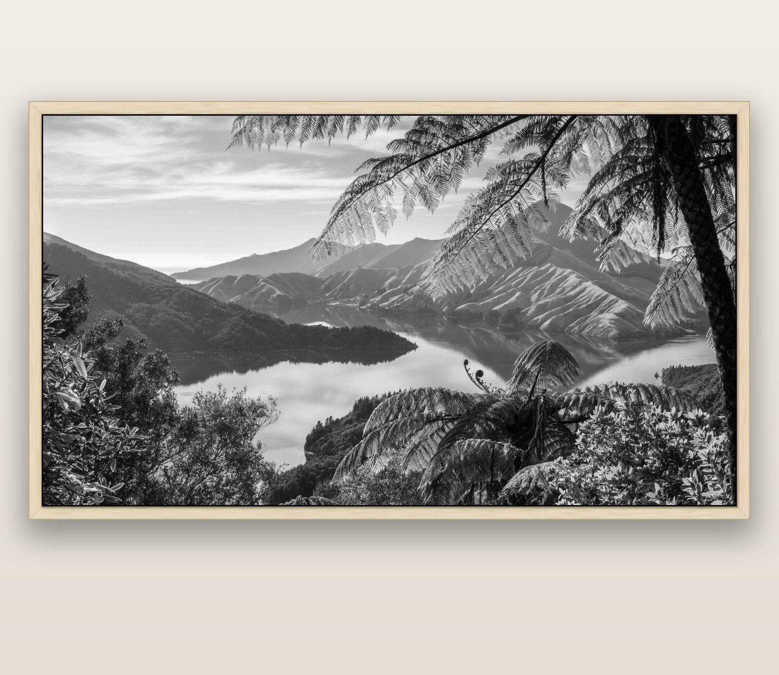 Nature's Window to Devils Staircase, Marlborough Sounds — natural float frame canvas, 200 × 130 cm. New Zealand fine art landscape wall art by Stephen Milner.