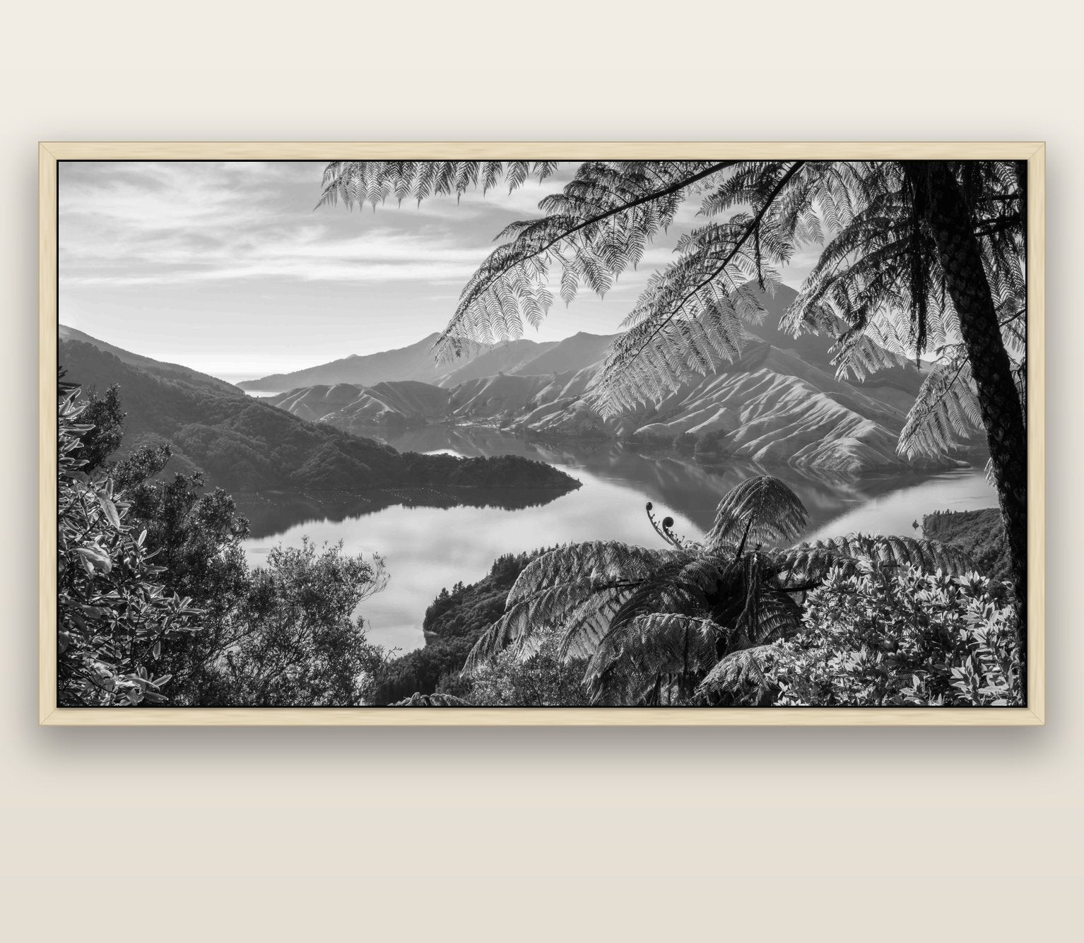 Nature's Window to Devils Staircase, Marlborough Sounds — natural float frame canvas, 201 × 99 cm. New Zealand fine art landscape wall art by Stephen Milner.